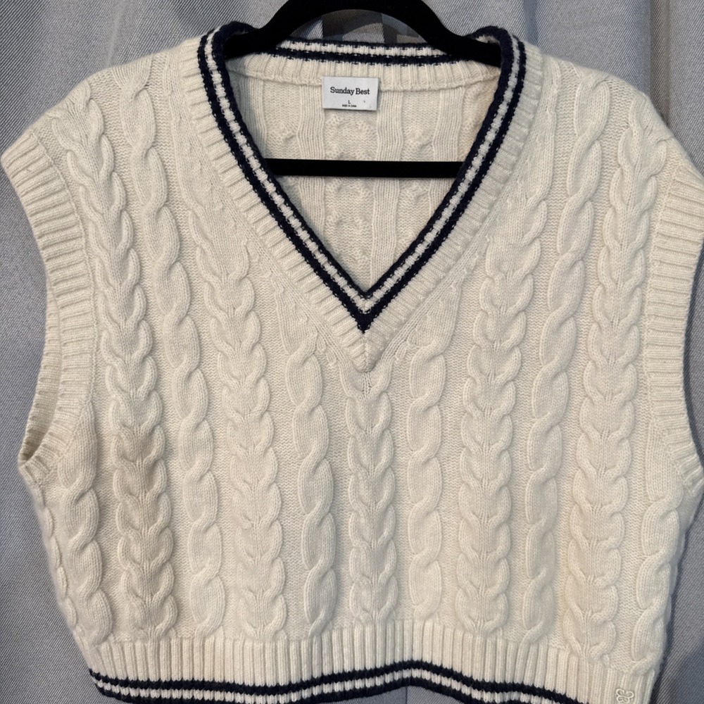 Aritzia Sunday Best Winston Cable Knit Sweater Vest Cream Blue Striped Large